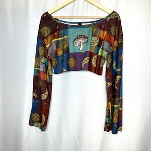 Nature Fairy Whimsigoth Mushroom Celestial Cropped Romwe top with Bell Sleeve, M